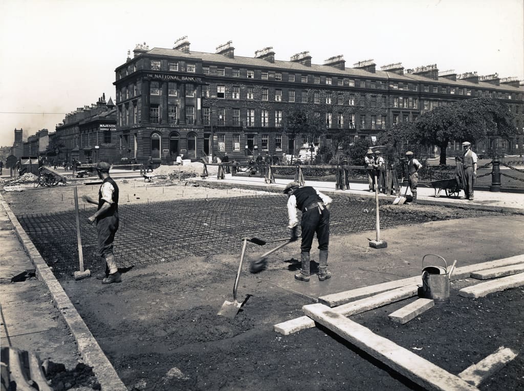 Photograph of roadway construction, Hamilton Square, Birkenhead, July 1928. Stewart Bale Collection, SB/P/6905-1.